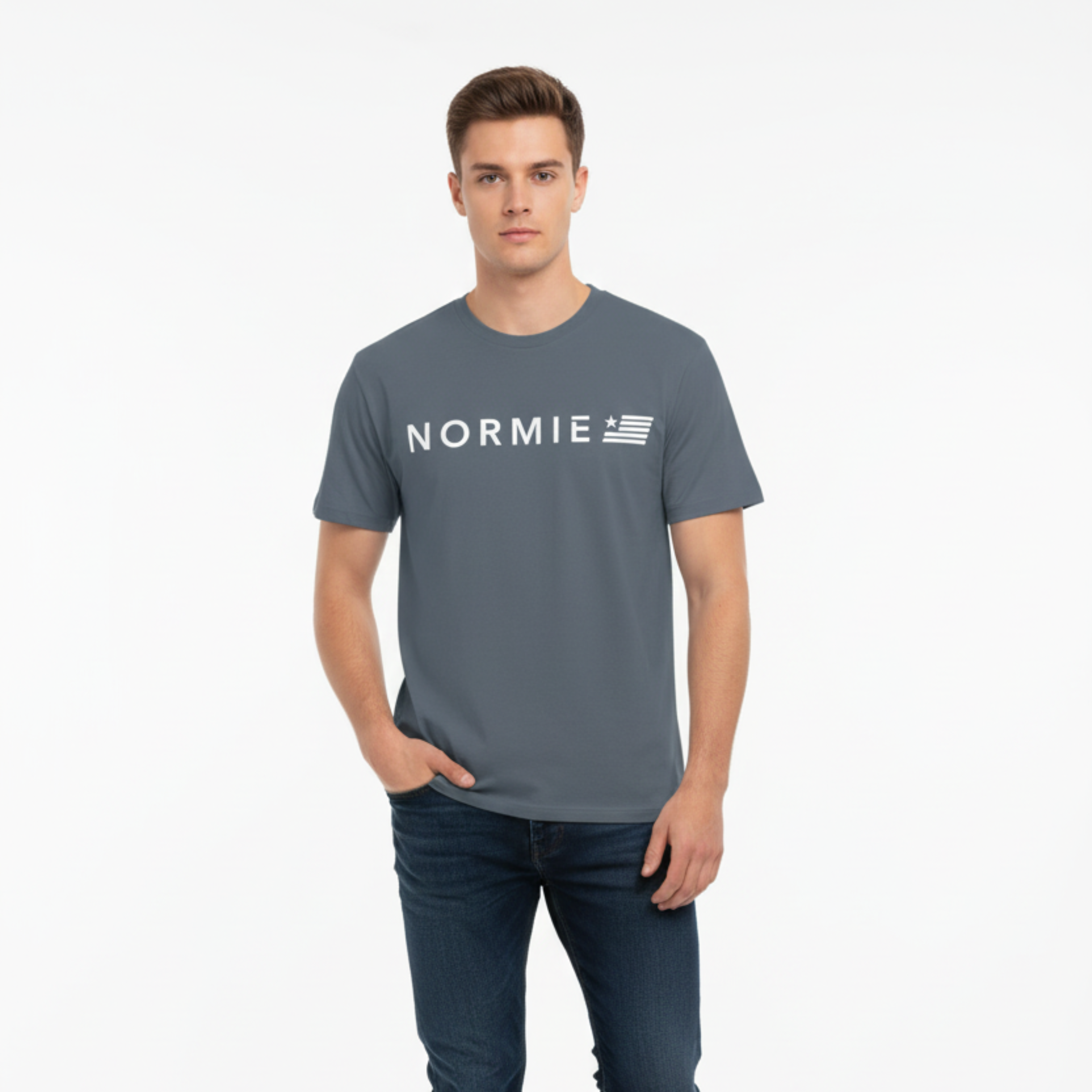 Man wearing a blue 'NORMIE' t-shirt on a white background