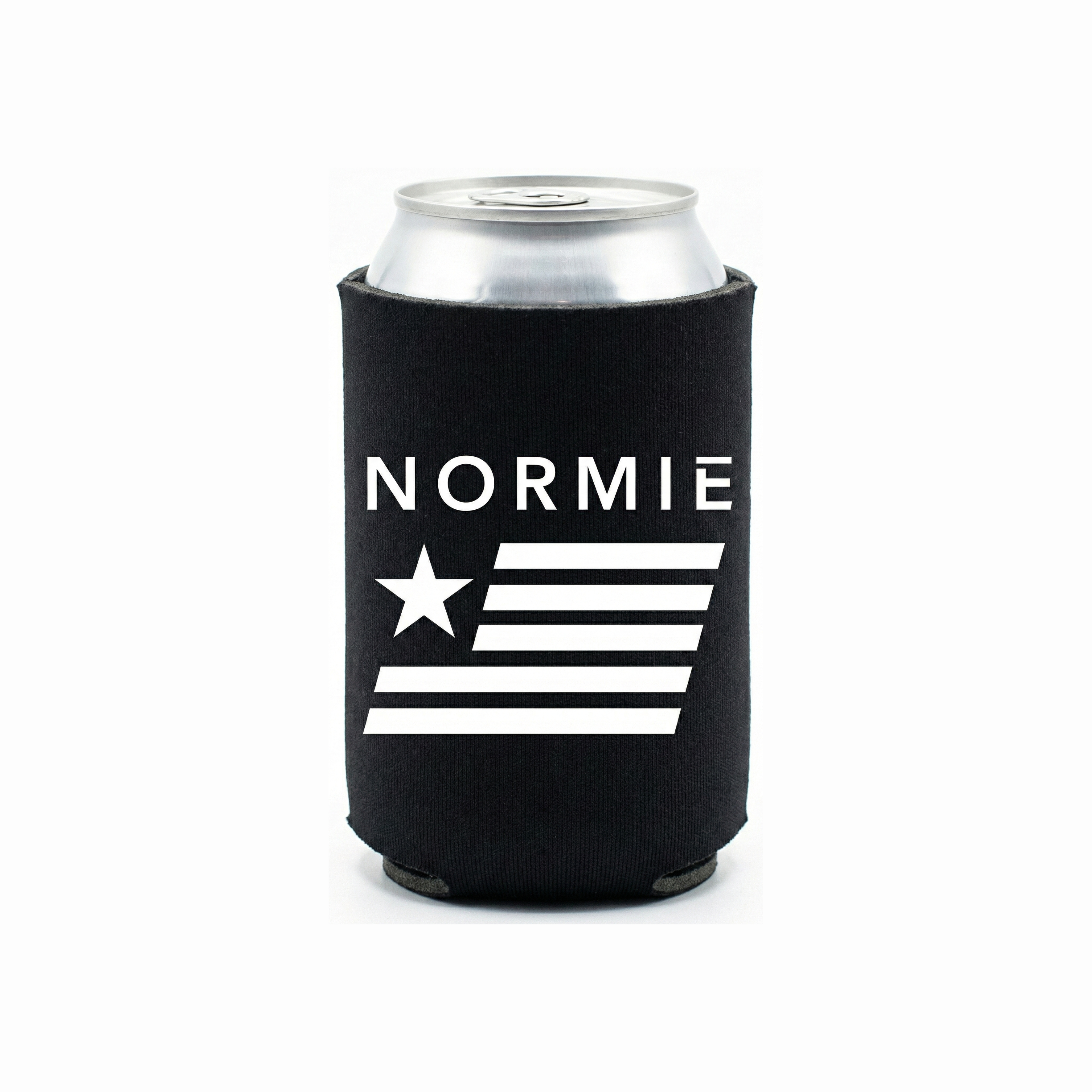 A can in a drink holder with normie logo