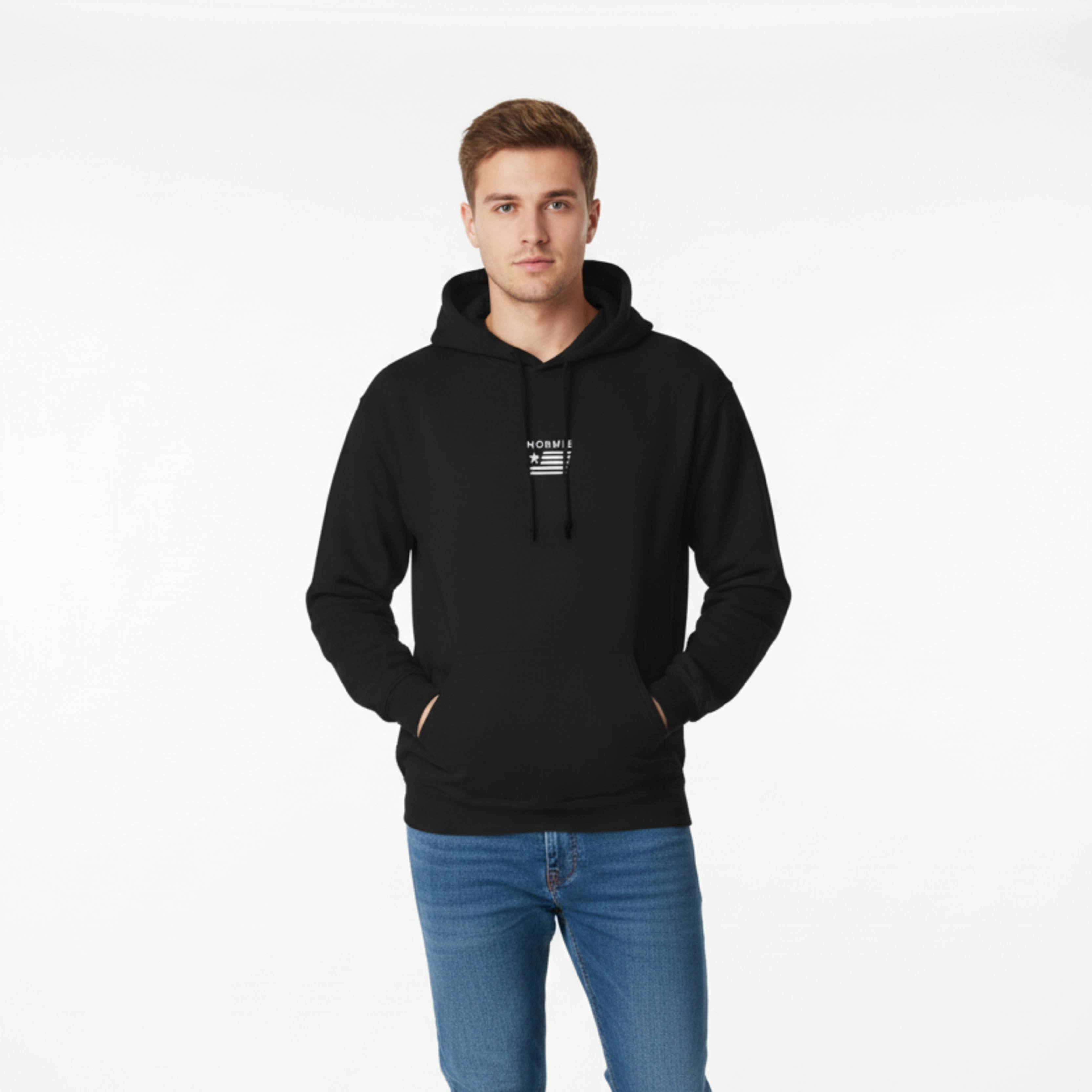 Male model in classic black hoodie with Normie logo centered on chest