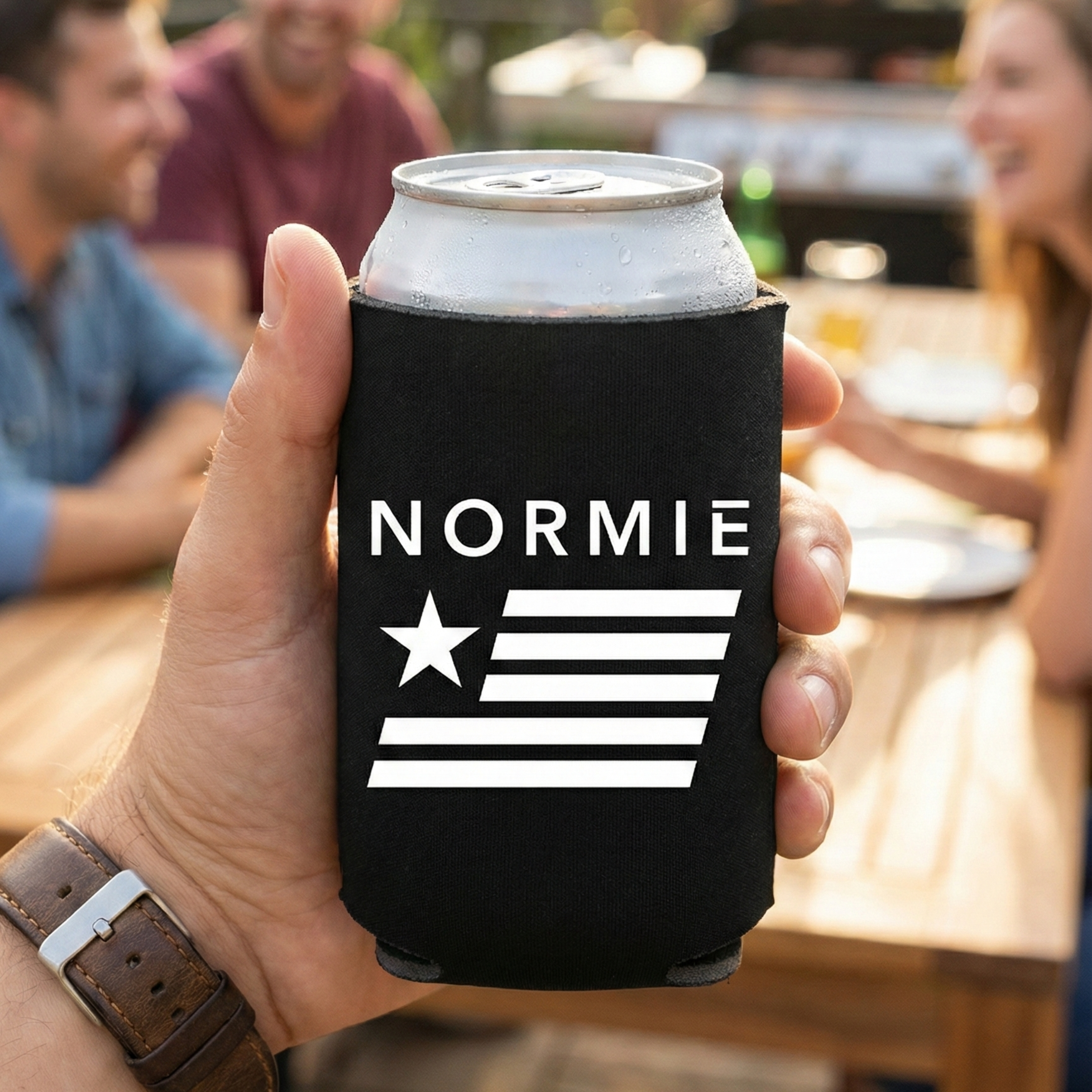 Someone holding a can in a drink holder with normie logo