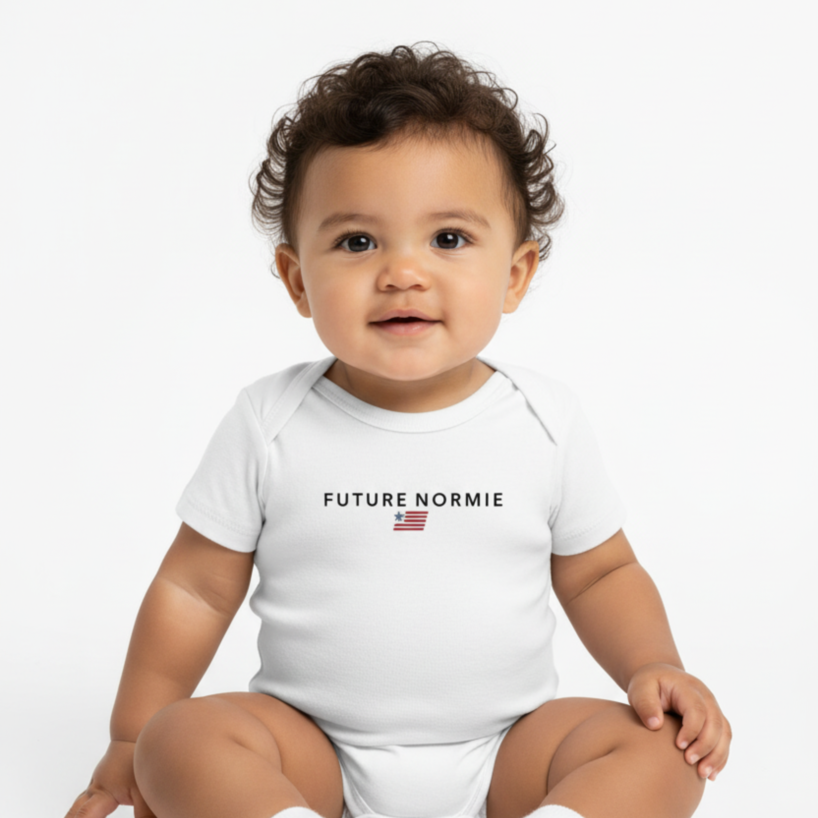 Baby wearing a white onesie with 'FUTURE NORMIE' text on a white background