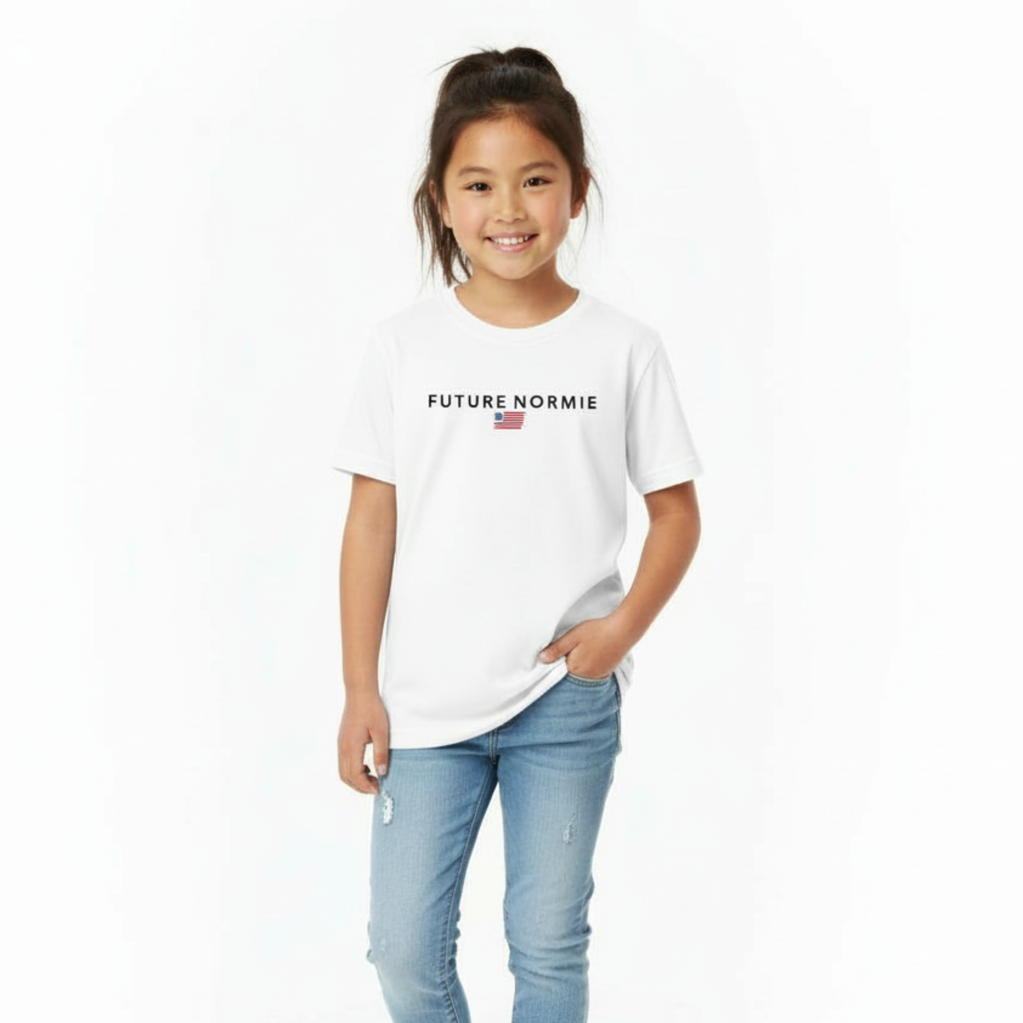 Child wearing a white t-shirt with 'FUTURE NORMIE' text on a white background
