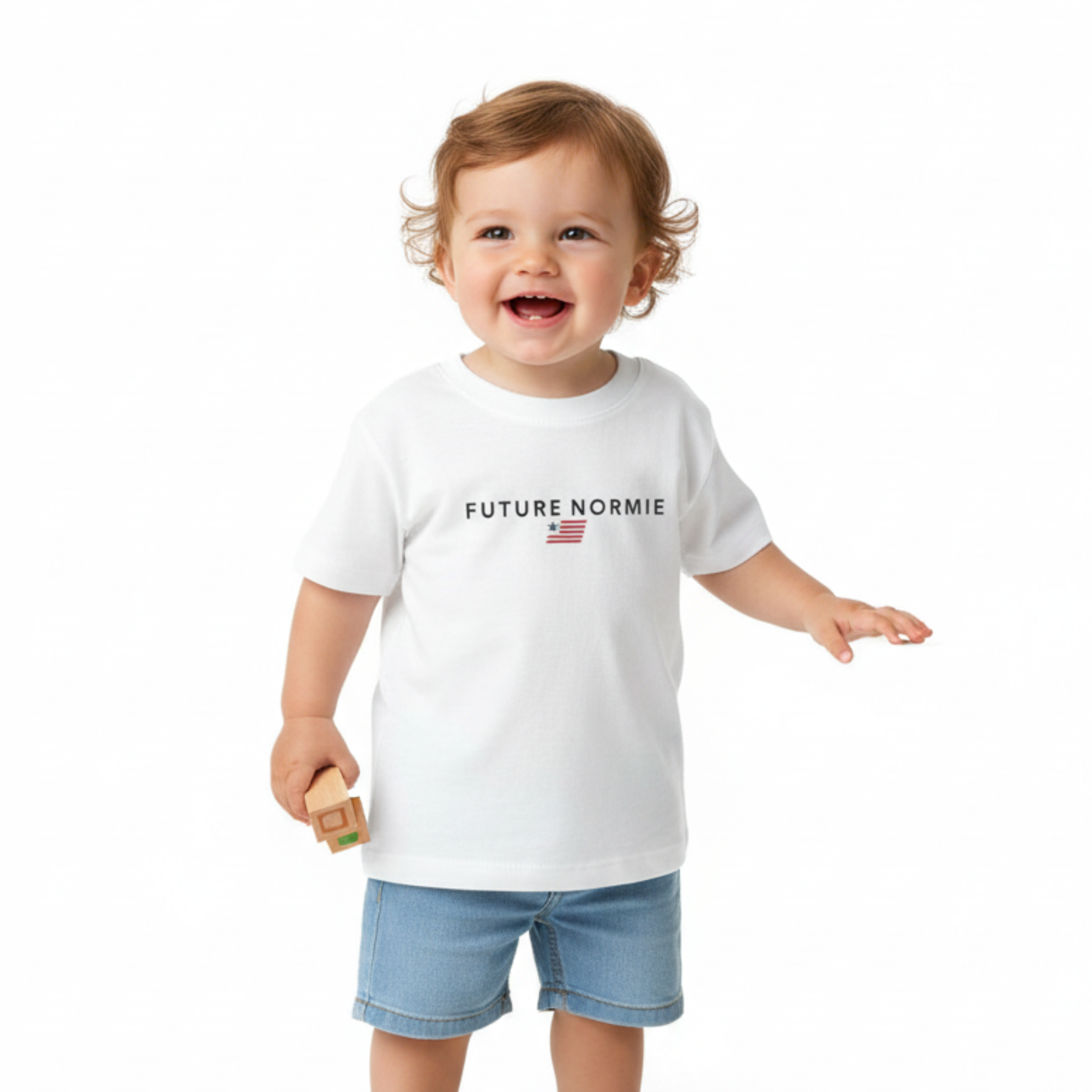 Child wearing a white t-shirt with 'Future Normie' text on a white background
