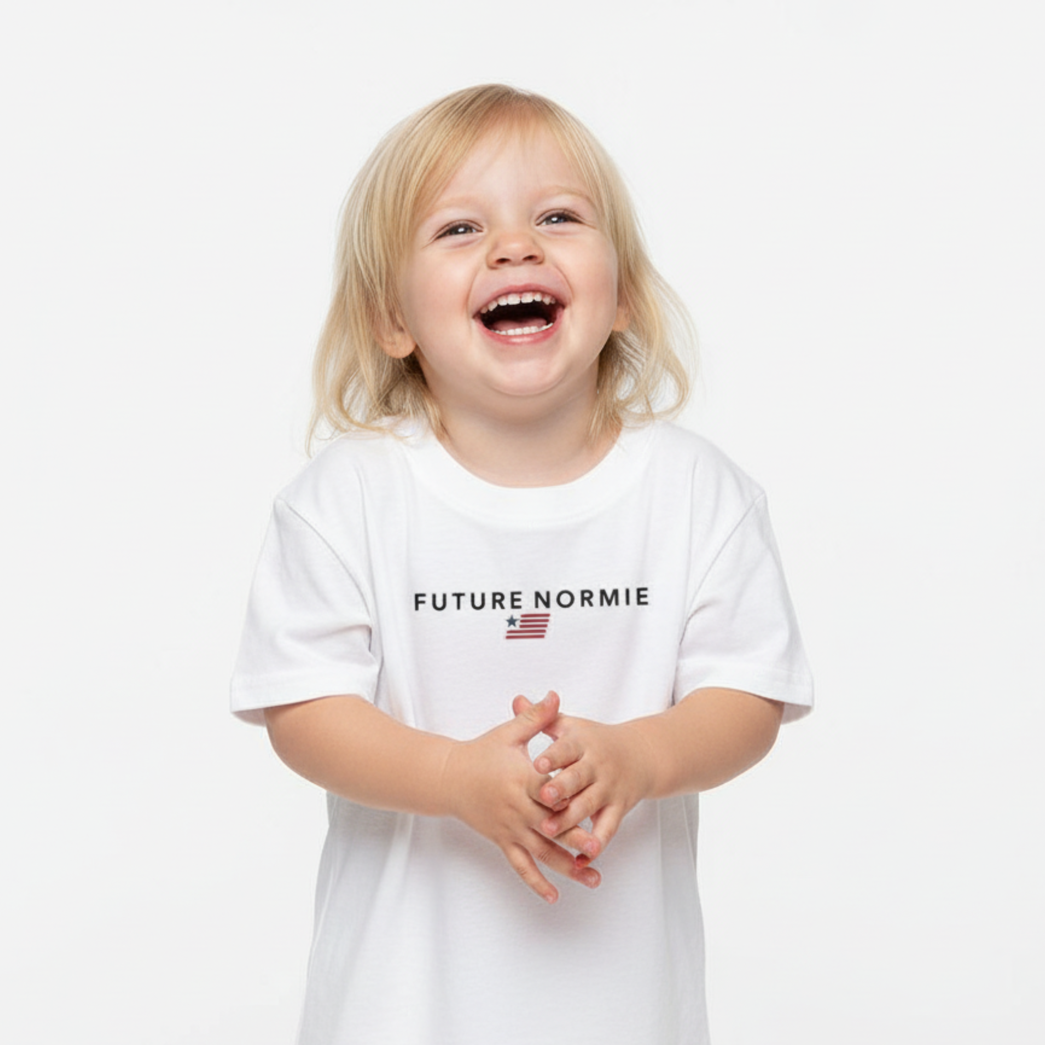 Child wearing a white t-shirt with 'FUTURE NORMIE' text on a plain background