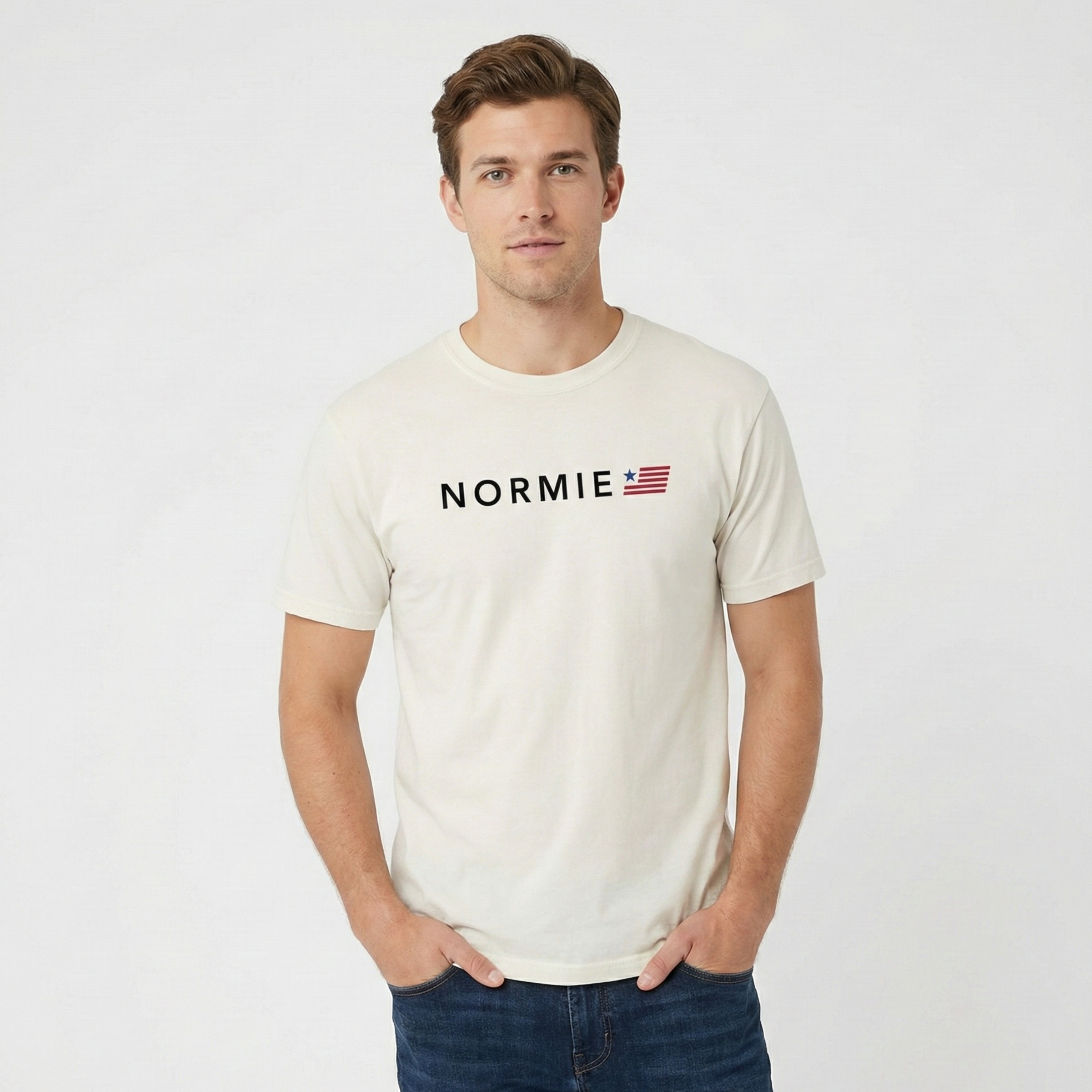 male model wearing off white shirt with Normie Logo
