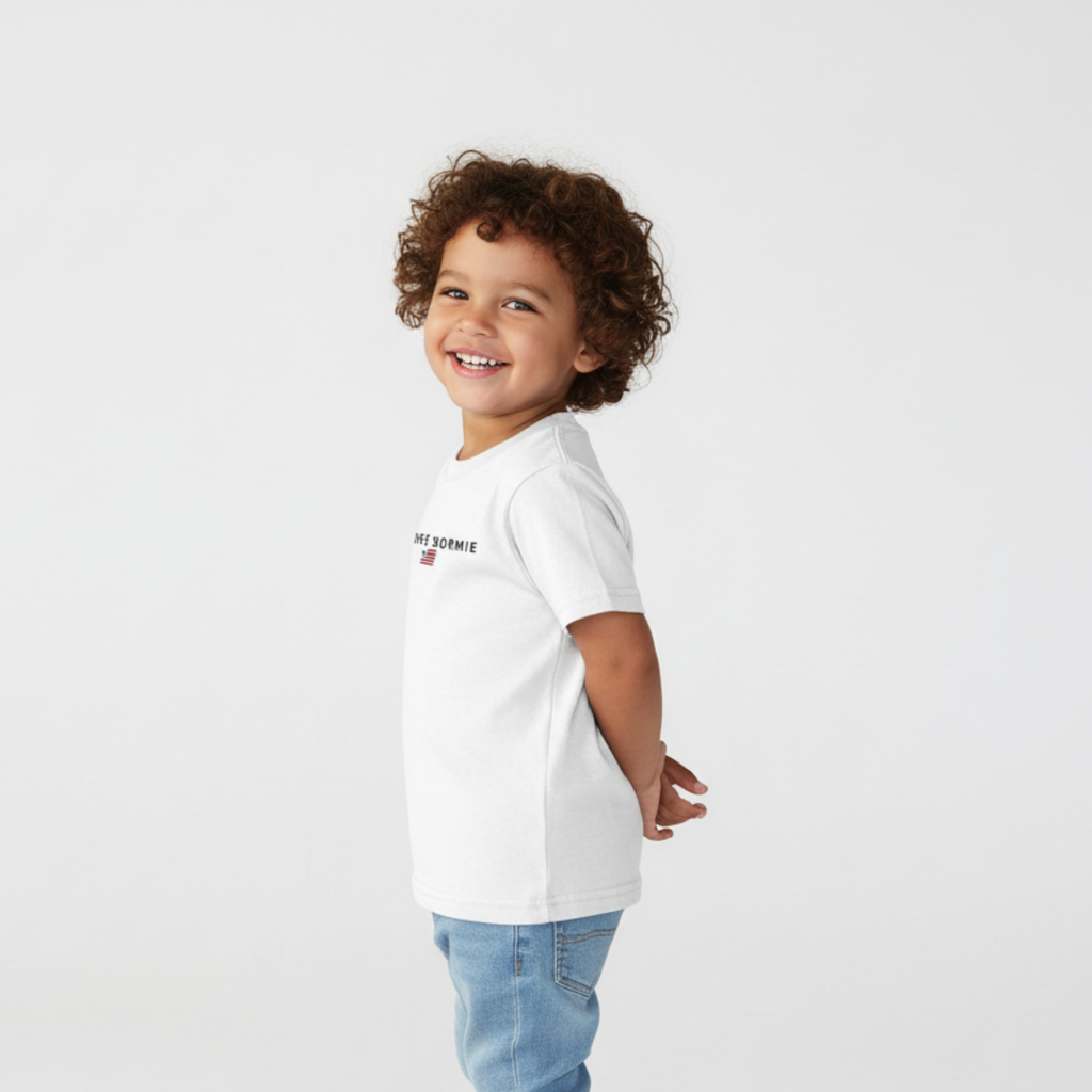 Child wearing a white t-shirt with text on a light gray background