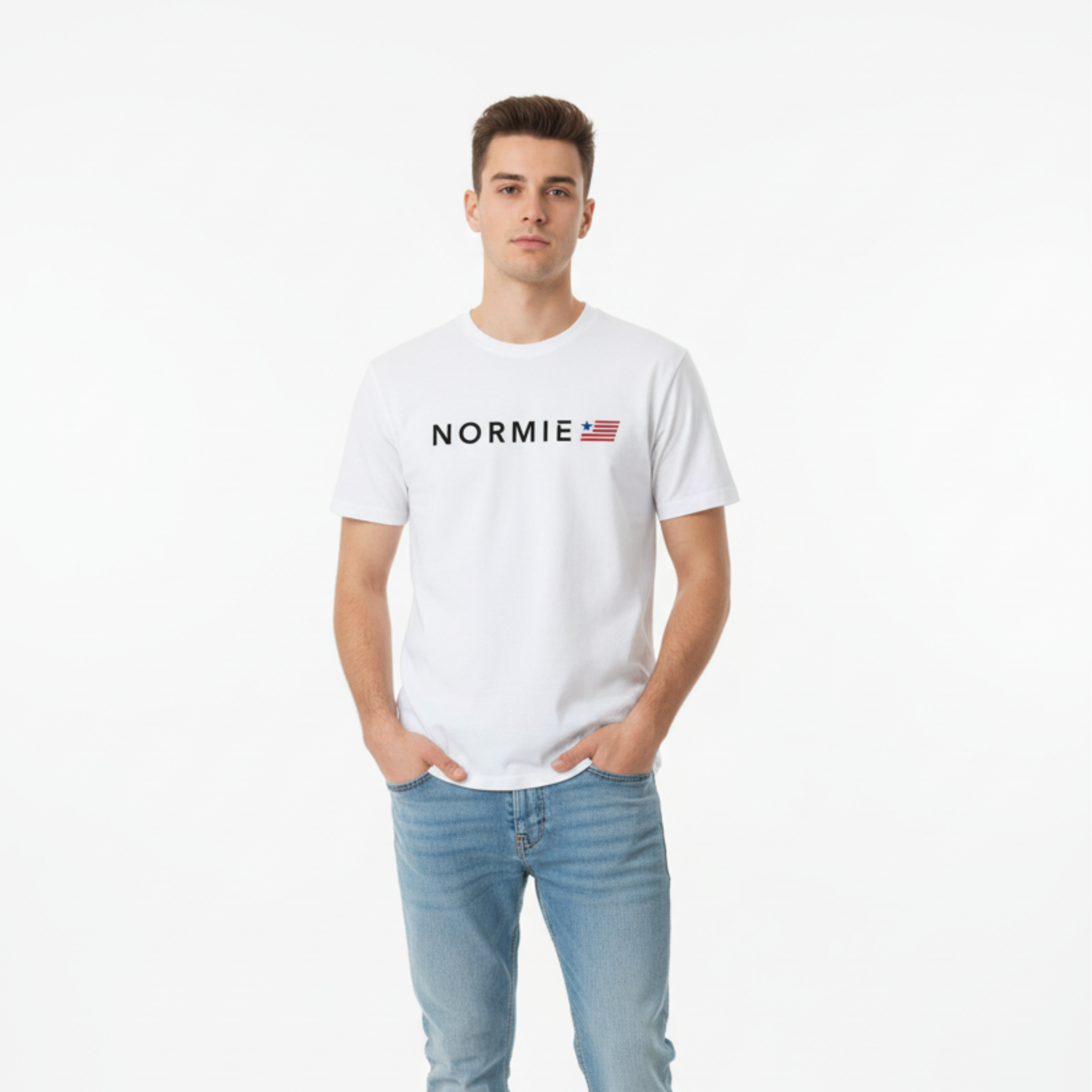 Man wearing a white t-shirt with 'NORMIE' logo on a white background