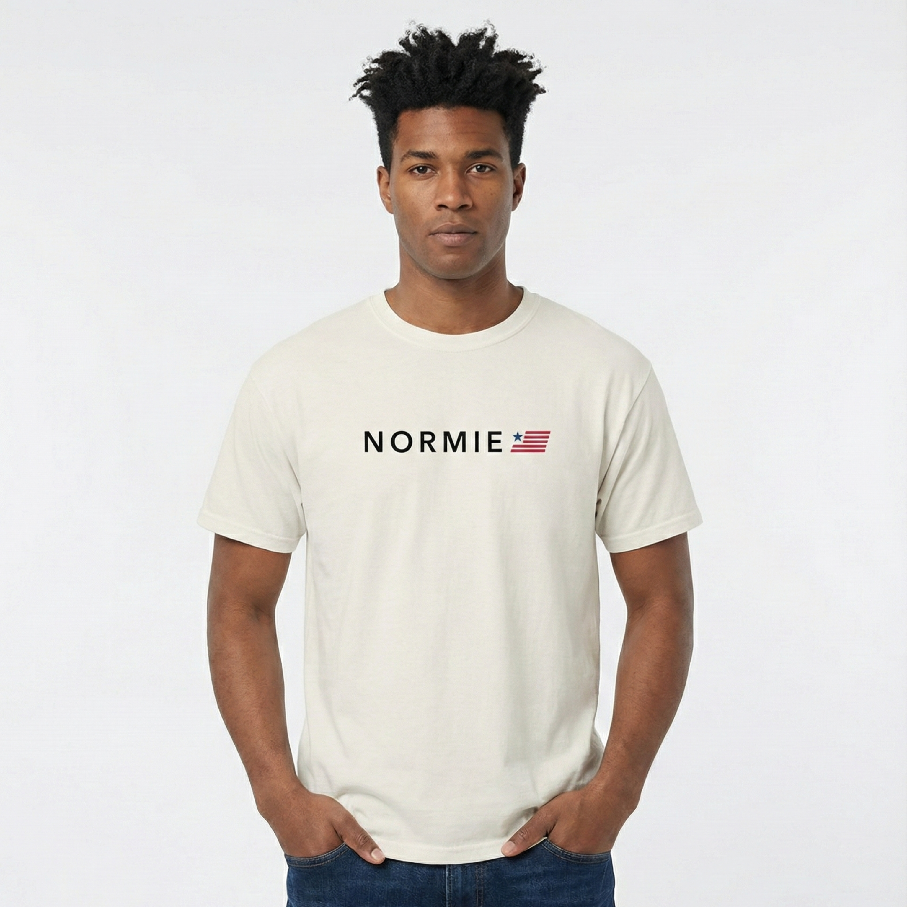 Man wearing off white tshirt with normie logo on front