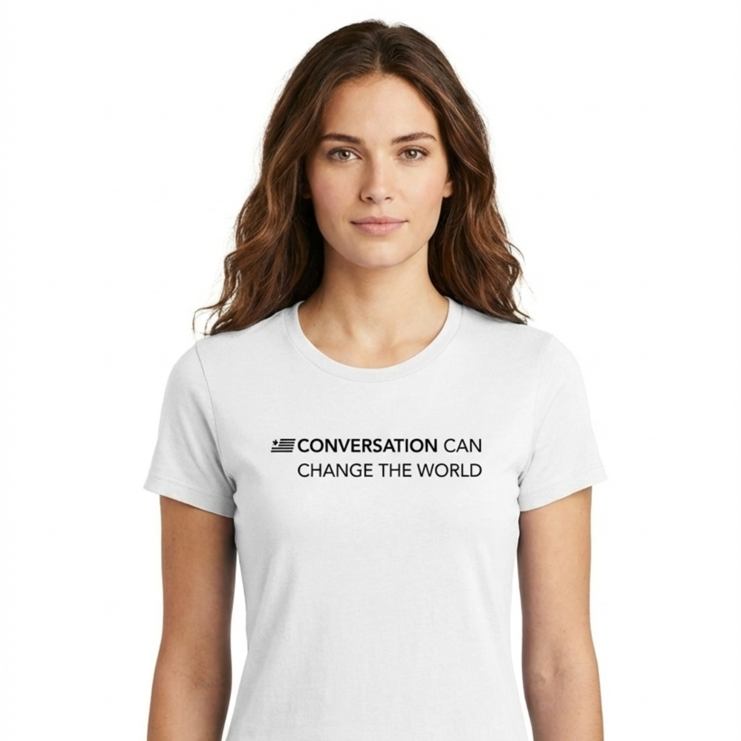 female model wearing white shirt with black lettering reading "conversation can change the world"